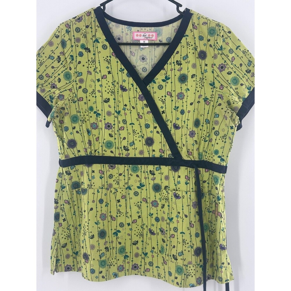 Koi Kathy Peterson Katelyn Mock Wrap Scrub Top Lime Green Floral Butterfly Sz M